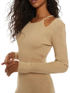 Abito in maglia con dettaglio spalla beige