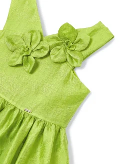 Abito lino con fiori in rilievo verde