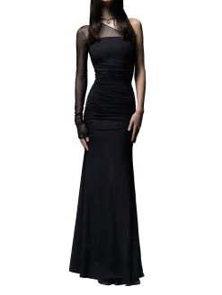 Abito lungo Asymmetric Jett con manica monospalla in tulle nero