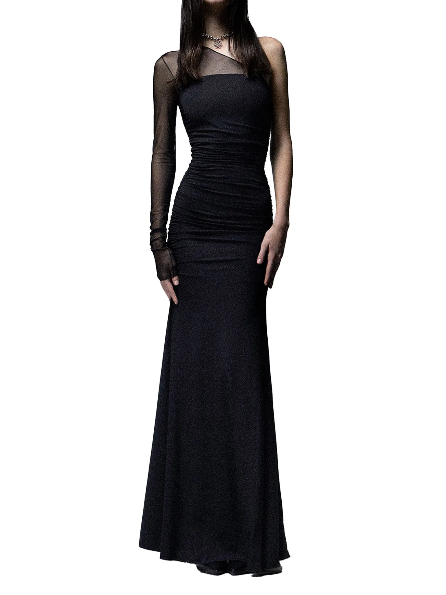 Abito lungo Asymmetric Jett con manica monospalla in tulle nero