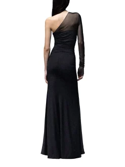 Abito lungo Asymmetric Jett con manica monospalla in tulle nero