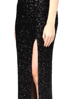 Abito lungo gown lux in paillettes con spacco laterale nero