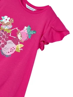Abito maniche corte con stampa e borsetta fucsia