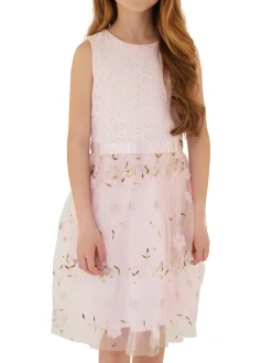 Abito tulle con ricamo sangallo e floreale cerimonia bambina rosa