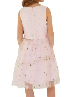 Abito tulle con ricamo sangallo e floreale cerimonia bambina rosa
