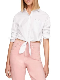 Camicia ampia cropped con fiocco bianca