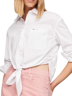 Camicia ampia cropped con fiocco bianca