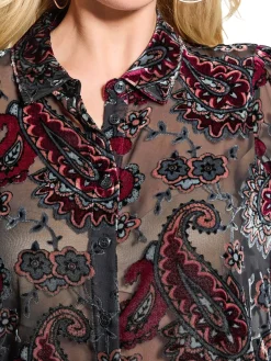Camicia con ricamo pasley e trasparenze multicolore