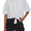 Camicia crop a righe con manica 3/4 e fiocco celeste
