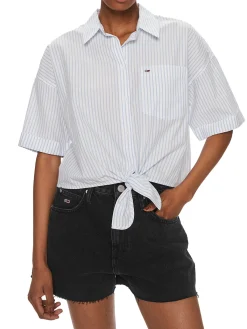Camicia crop a righe con manica 3/4 e fiocco celeste