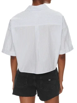 Camicia crop a righe con manica 3/4 e fiocco celeste