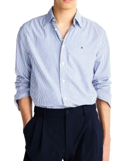 Camicia regular fit a righe in popeline celeste/bianco