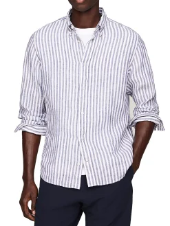 Camicia stripe bold linen blu