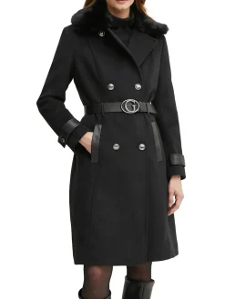 Cappotto doppiopetto con pelliccia e cintura logata nero
