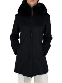 Cappotto in panno con ecopelliccia nero