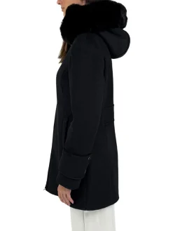 Cappotto in panno con ecopelliccia nero