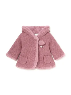 Cardigan cappuccio e pompon rosa