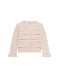 Cardigan con righe in rilievo e volant rosa