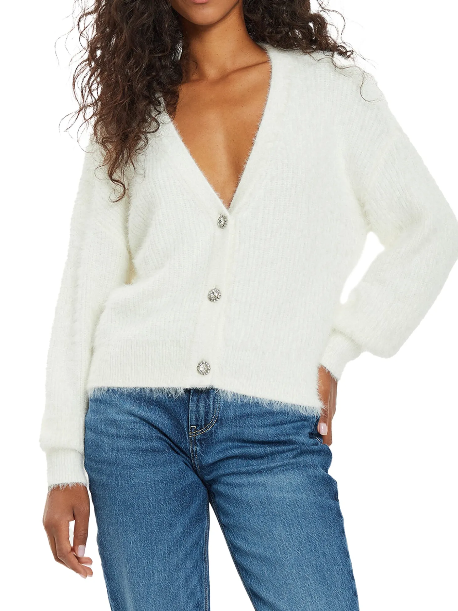 Cardigan corto con bottoni gioiello crema