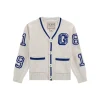 Cardigan neonato con patch e numeri varsity bianco
