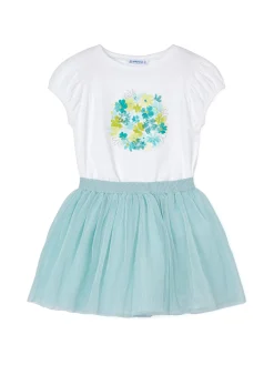 Completo 2 pezzi bambina t-shirt e gonna turchese