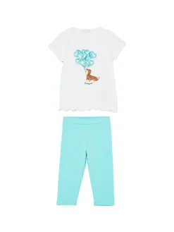Completo 2 pezzi t-shirt e leggins bianco/celeste