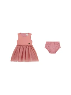 Completo 2 pz neonata abito con gonna in tulle a pois e panties rosa