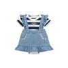 Completo 2 pz neonata body righe e gonna salopette in denim bianco/blu