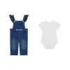 Completo 2 pz neonata body e salopette denim ricamo bianco