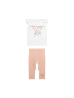 Completo 2 pz neonata t-shirt con volant e logo fiori e leggings bianc