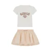 Completo 2 pz neonata t-shirt paillettes e gonna a rete bianco/rosa