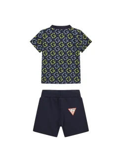 Completo 2 pz neonato t-shirt stampa geometrica allover e shorts lime/