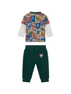 Completo 2 pz neonato t-shirt stampa allover teddy e pantalone verde