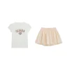 Completo 2 pz t-shirt paillttes e gonna a rete bianco/rosa
