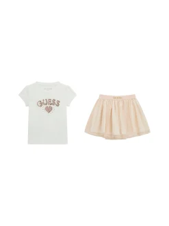 Completo 2 pz t-shirt paillttes e gonna a rete bianco/rosa