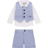 Completo cerimonia neonato camicia, gilet e shorts celeste/bianco