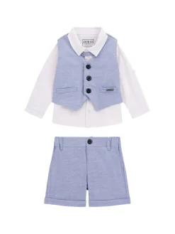 Completo cerimonia neonato camicia, gilet e shorts celeste/bianco