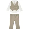 Completo cerimonia neonato camicia, finto gilet e pantalone beige