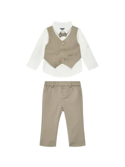 Completo cerimonia neonato camicia, finto gilet e pantalone beige