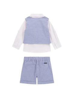 Completo cerimonia neonato camicia, gilet e shorts celeste/bianco