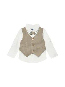 Completo cerimonia neonato camicia, finto gilet e pantalone beige