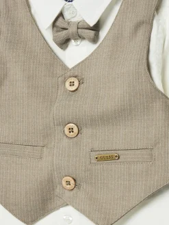 Completo cerimonia neonato camicia, finto gilet e pantalone beige