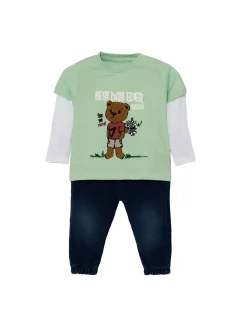 Completo due pezzi neonato jeans e t-shirt verde