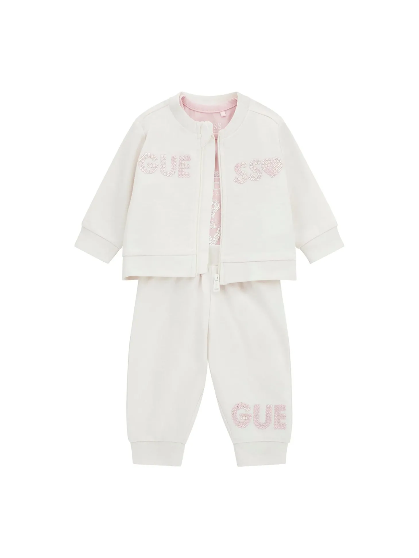 Completo neonata body, felpa con zip e pantalone in cotone crema