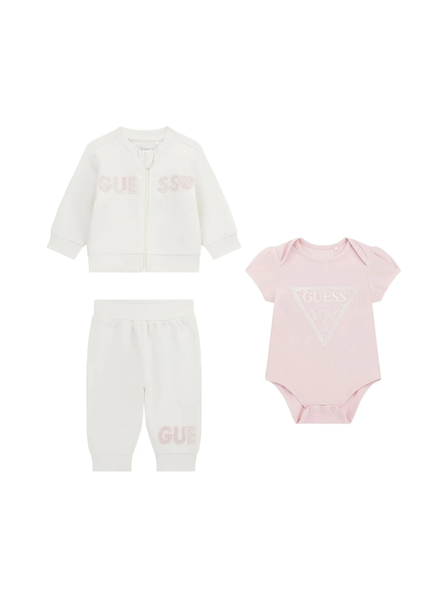 Completo neonata body, felpa con zip e pantalone in cotone crema