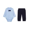 Completo neonato body e pantalone con ricamo logo celeste