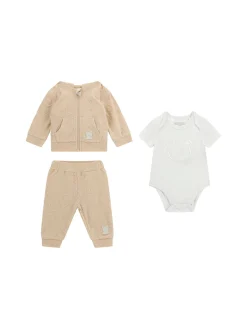 Completo neonato body, felpa e pantalone ricamo sabbia