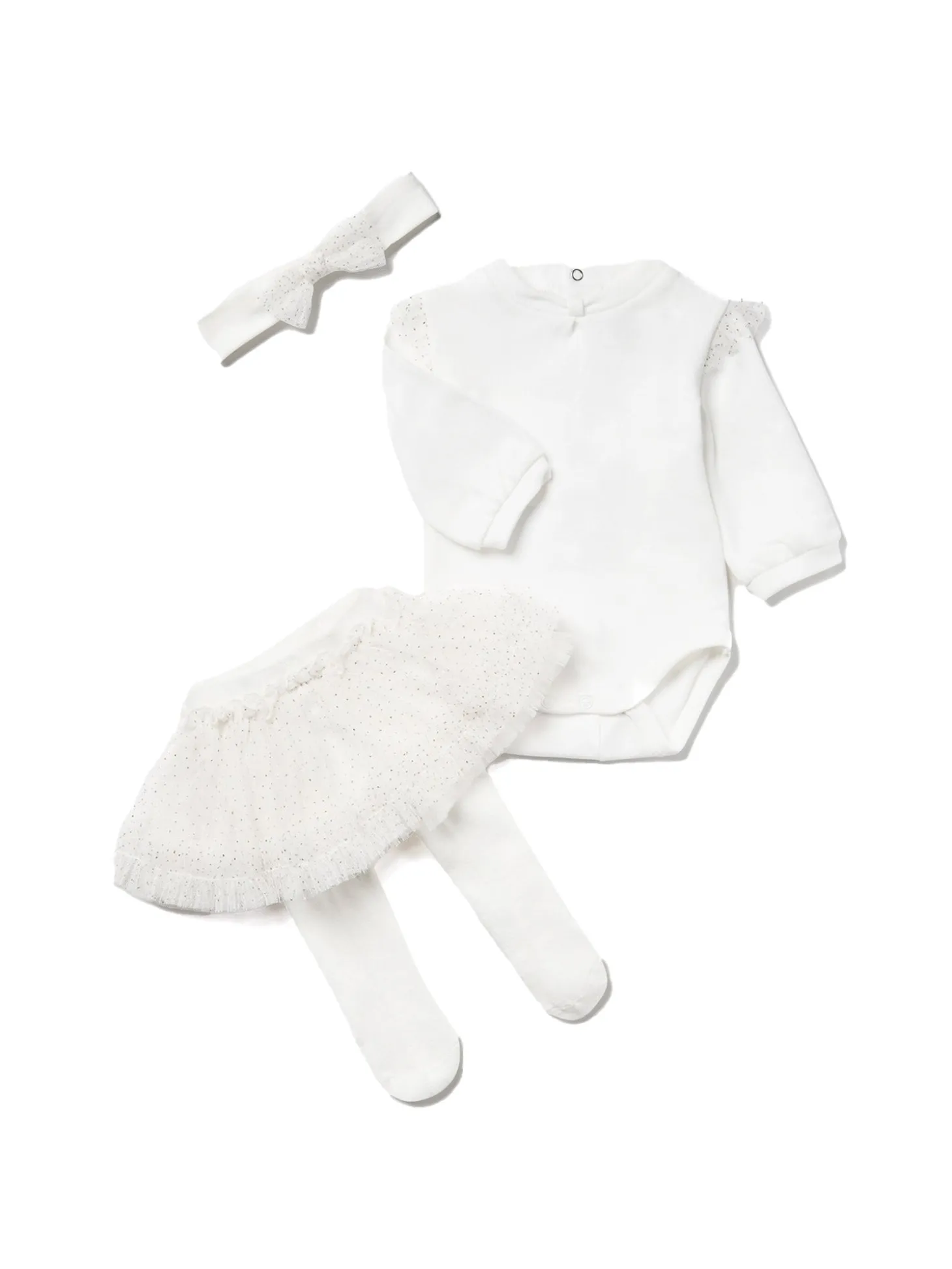Completo tre pezzi body, calzamaglia e fascia panna