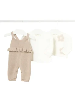 Completo tre pezzi salopette, maglia e cardigan beige multi