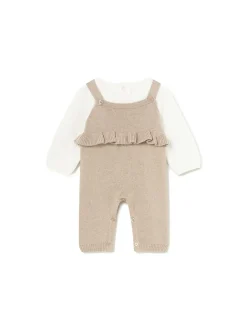 Completo tre pezzi salopette, maglia e cardigan beige multi